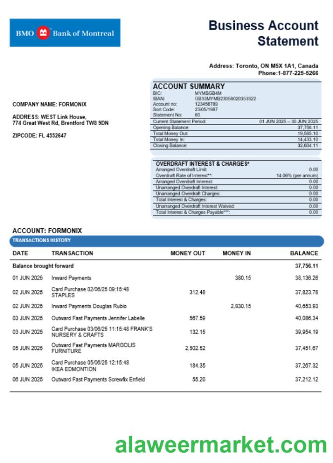 Bank of Montreal company statement Word and PDF format